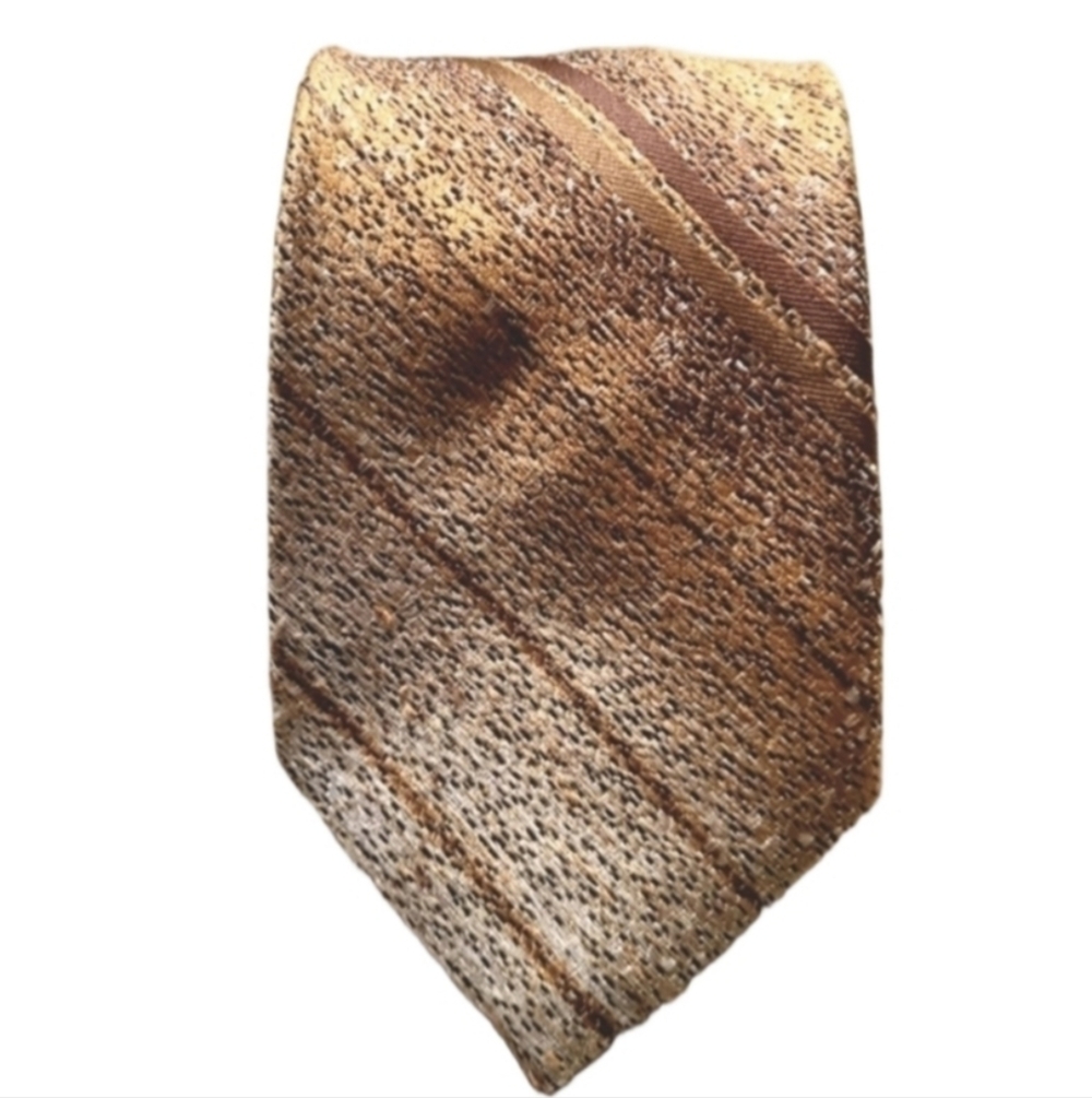 OSCAR de la RENTA Vintage Designer Brown Gold Striped Mens Skinny Silk Tie